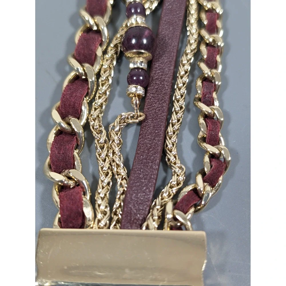 Wide Brown Faux Leather Multi Chain Bracelet Gold‎ Tone Boho Western 7.5